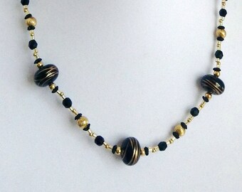Black and Gold Bead Necklace, Wood Bead Necklace, Glass Bead Necklace