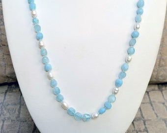 Aquamarine Necklace, Aquamarine and Pearls, March Birthstone, Blue Gemstone