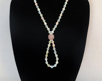Pastel Morganite Bead Necklace, Focal Vintage Rose Quartz Carved Bead, Wedding Necklace, Spring Necklace, Summer Necklace, Long Necklace