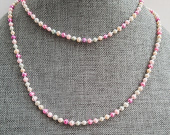 Pink Pearl Necklace, Double Strand Pearls, Long Pearl Necklace, Freshwater Pearls, Spring Pearl Necklace, Multicolor Pearl Necklace