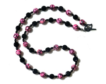 Pink Marble Agate, Black Agate and Black Glass Bead Necklace