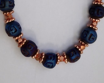 Blue Ceramic Beads and Copper Metal Bead Necklace, Pantone Color 2020, Classic Blue Necklace