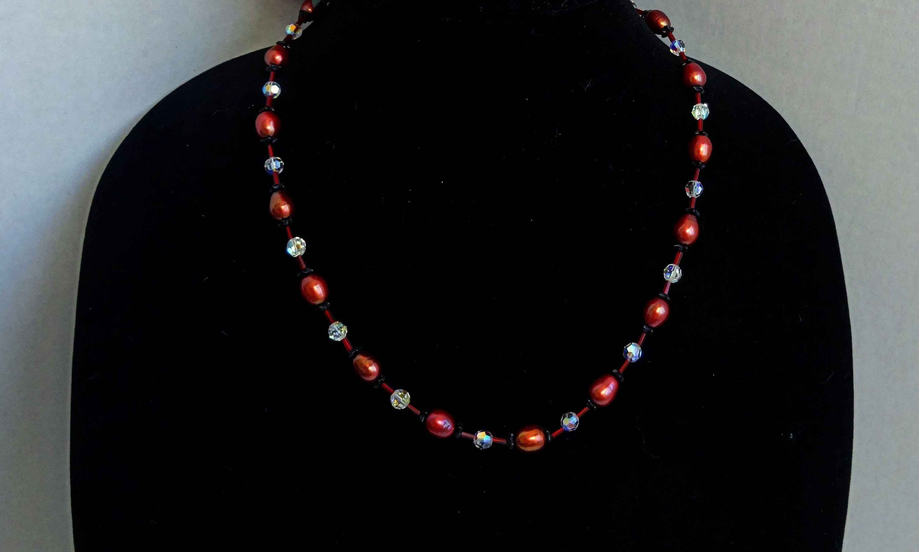 Red Freshwater Rice Pearls, Clear Swarovski Crystal Beads, Black Glass Beads  and Red Seed Beads Necklace