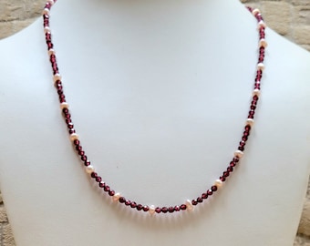 Garnet Necklace, Minimalist Necklace, Red Bead Necklace, Red Gemstone Necklace, January Birthstone, Garnet and Pearls