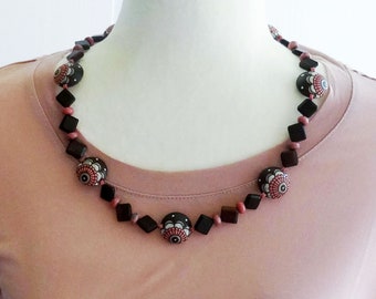 Brown, Pink and White Flower Stoneware Beads, Brown Wood Beads and Pink Rhodonite Beads Necklace, Ceramic Bead Necklace