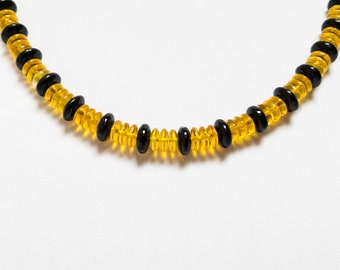 Yellow and Black Glass Beaded Necklace, Summer Necklace