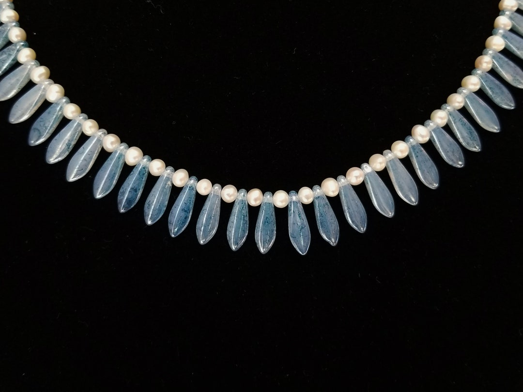 Blue Glass Dagger Necklace White Pearl Necklace Blue Bead Etsy