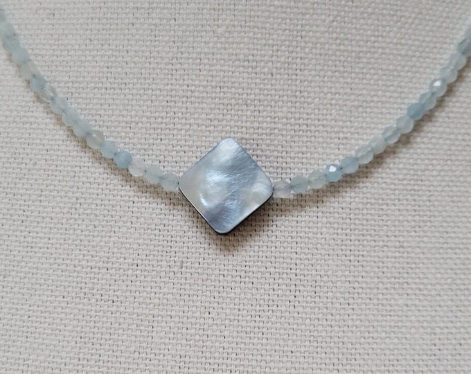 Featured listing image: Aquamarine Necklace / Aquamarine Choker / March Birthstone, Blue Gemstone / Beaded Choker / Minimalist Aquamarine Necklace