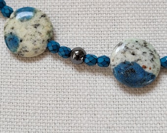 Azurite Granite Necklace, K2 Azurite Necklace, Azurite Bead Necklace, K2 Granite Necklace, Teal Bead Necklace, Czech Teal Beads