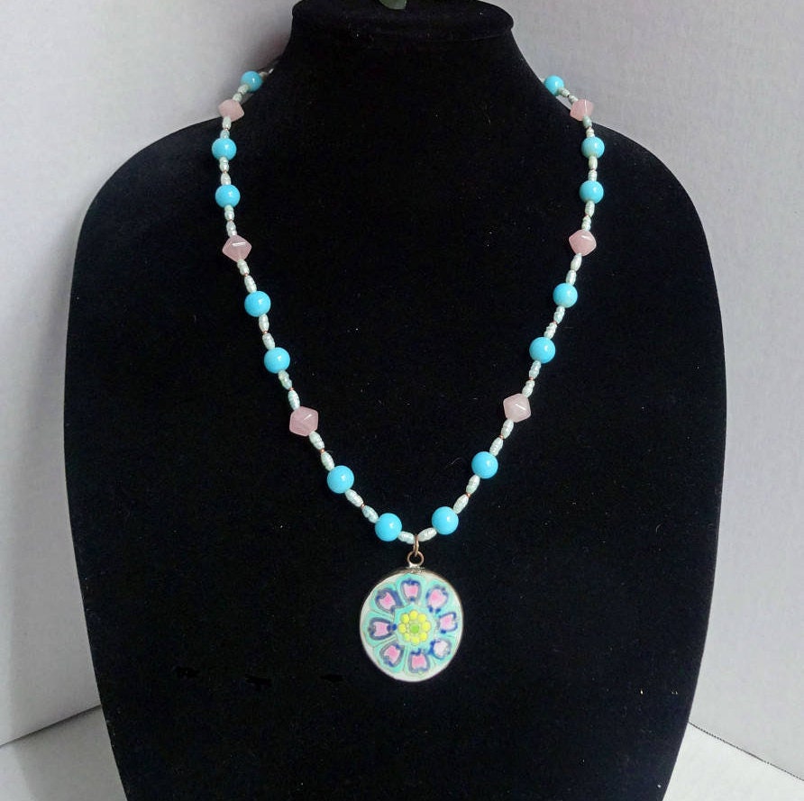 Pink and Blue Beaded Necklace, Freshwater Pearls, Rose Quartz Beads