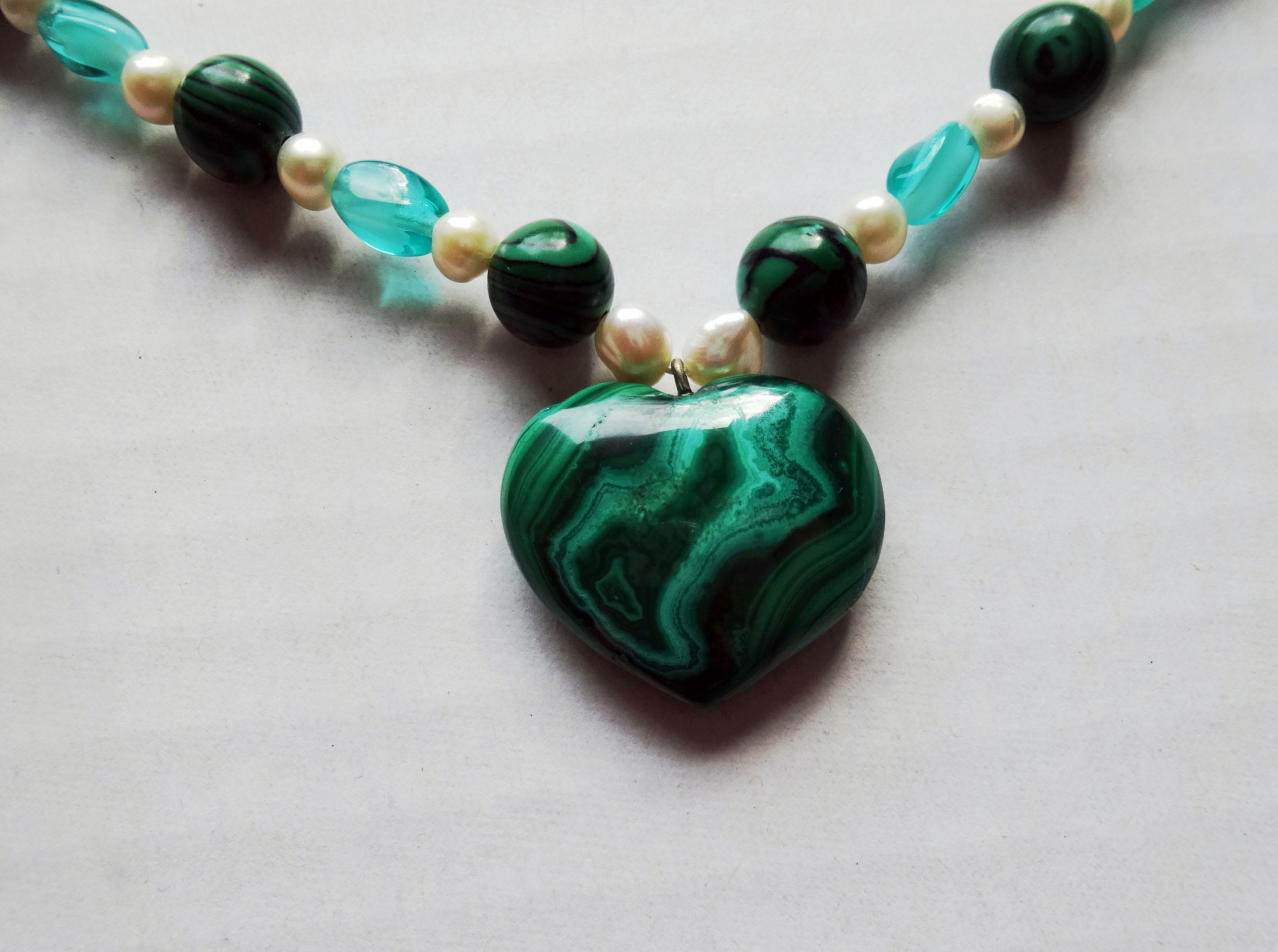 Malachite Bead Necklace, Freshwater Pearls and Czech Glass Beads