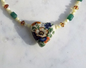 Floral Ceramic Heart Pendant, Jade, Mother of Pearl and Czech Glass Honey Color Beads Necklace, Heart Necklace, One of a Kind Necklace