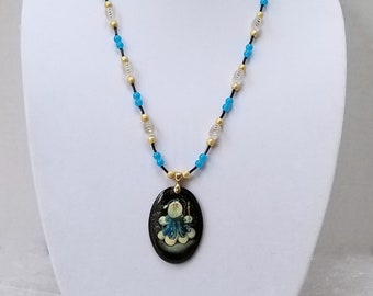 Christmas Necklace / Black, White and Blue Glass Beads and Gold Metal Beads Necklace / Old World Santa Russian Pendant