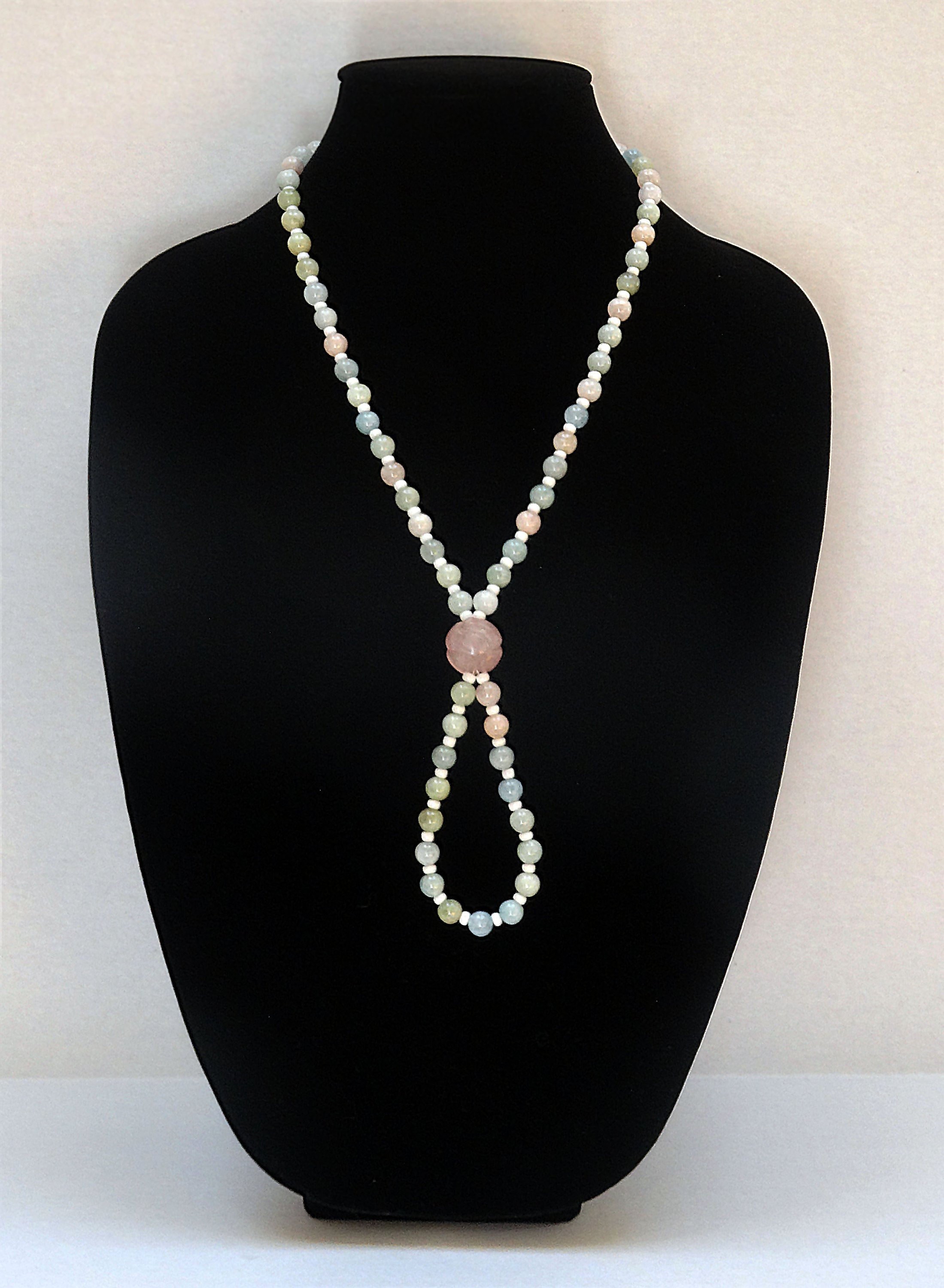 Pastel Morganite Bead Necklace, Focal Vintage Rose Quartz Carved Bead ...