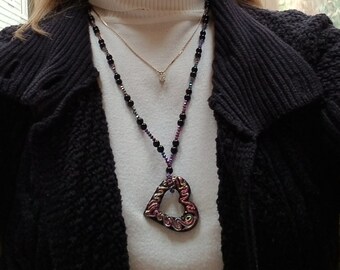Dichroic Heart Pendant, Black Onyx and Rainbow Crystal Rondelle Beads Necklace