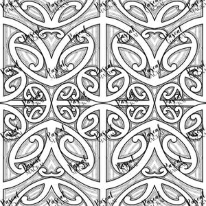 Puede incluir: Patrón intrincado en blanco y negro con un diseño repetitivo de líneas y formas curvas. El patrón recuerda al arte maorí tradicional.
