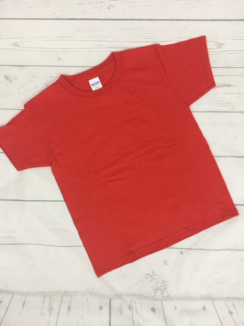 May include: A plain red t-shirt with a Gildan brand tag.