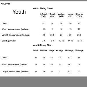 May include: A size chart for youth and adult clothing, showing chest, width, and length measurements in inches, as well as size equivalents for youth sizes. The chart includes sizes for X-Small, Small, Medium, Large, and X-Large.