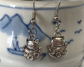 Lucky Cat/Maneki Neko Antique Silver Earrings