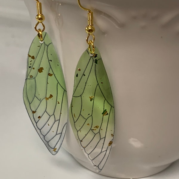 Resin Insect Green Gold Cicada Wing Earrings