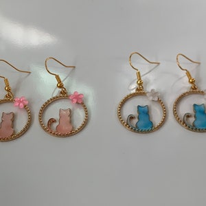 Pink/Blue Cat with Flower Gold Enamel Earrings