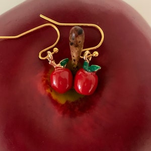 Dainty Red Apple Enamel Gold Earrings