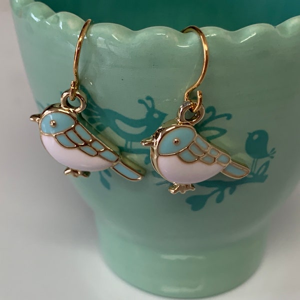 Blue Bird Gold Enamel Earrings