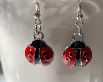 Silver Enamel Ladybug Earrings