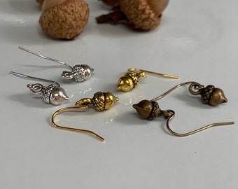 Tiny Acorn Earrings Antique Gold, Silver, or Bronze