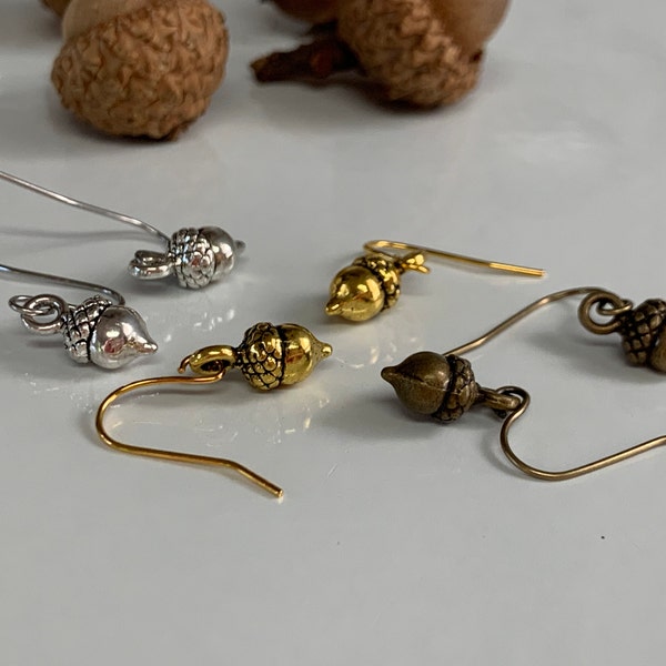 Tiny Acorn Earrings Antique Gold, Silver, or Bronze
