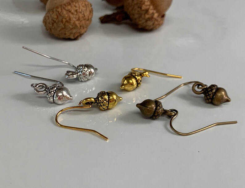 Tiny Acorn Earrings Antique Gold, Silver, or Bronze image 1