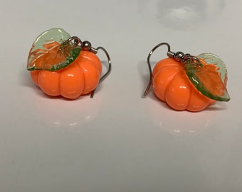 Resin Pumpkin with Leaf Earrings