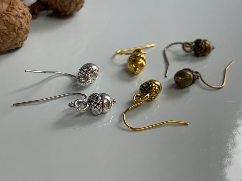 Tiny Acorn Earrings Antique Gold, Silver, or Bronze image 3