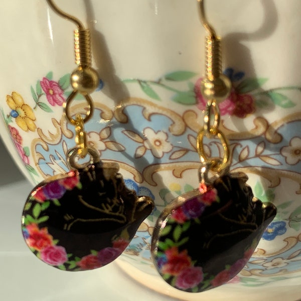 Napping Black Cat in Roses Gold Enamel Earrings