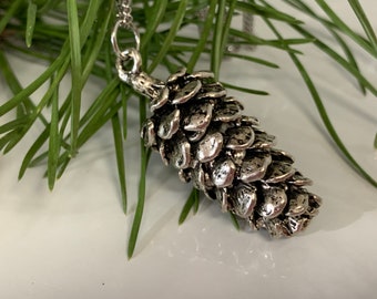 Antique Silver Long Pinecone Necklace