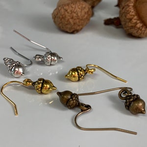 Tiny Acorn Earrings Antique Gold, Silver, or Bronze image 2