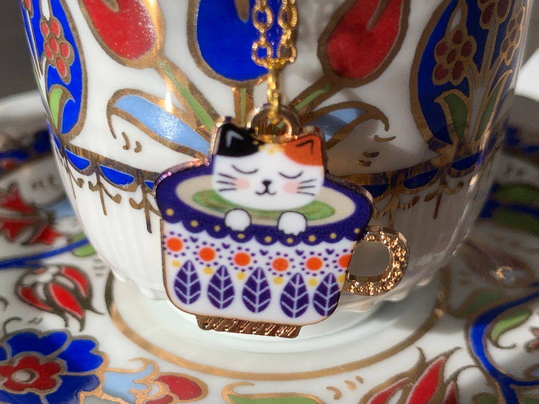 Calico Cat in Teacup Gold Enamel Necklace Etsy