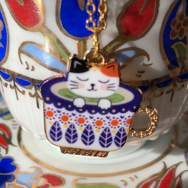 Calico Cat in Teacup Gold Enamel Necklace