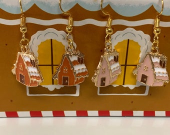Gingerbread House Gold Enamel Earrings