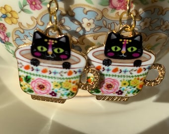Black Cat in Teacup Gold Enamel Earrings