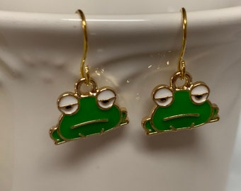 Cute Mini Frog Gold Enamel Earrings