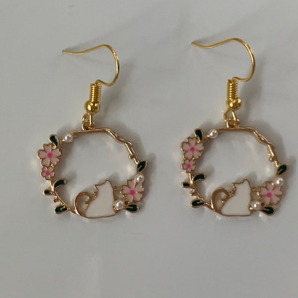 Cat with Flowers/Pearls Gold Enamel Earrings