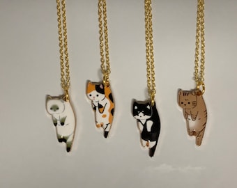 Dangling Cat Gold Enamel Necklace