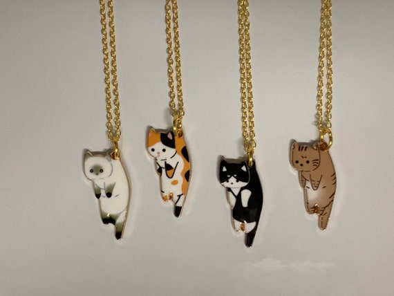 Dangling Cat Gold Enamel Necklace Etsy