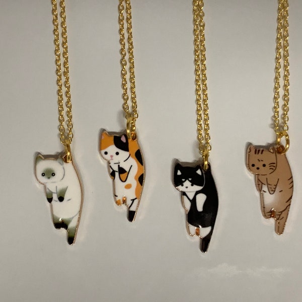 Dangling Cat Gold Enamel Necklace