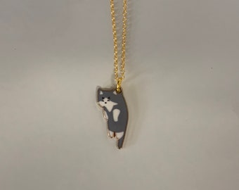 Gray Tuxedo Dangling Cat Gold Enamel Necklace