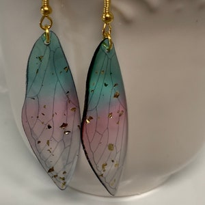 Resin Insect Light Blue/Pink Purple Gold Cicada Wing Earrings