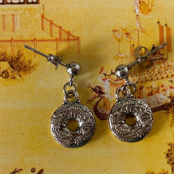 Lunar New Year/Year of the Dragon-Antique Silver Round Dragon Earrings