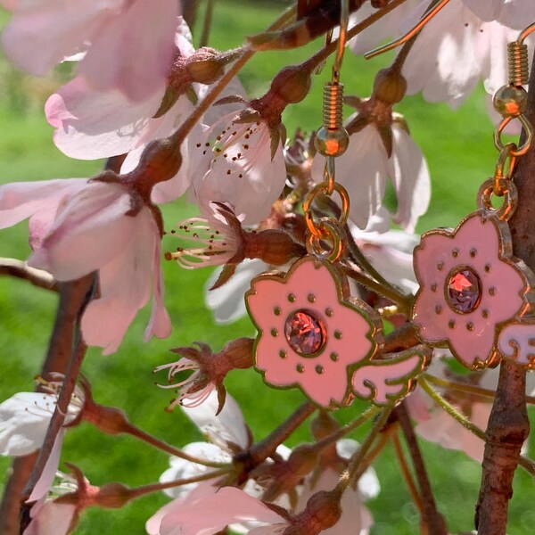 Winged Pink Sakura Gold Enamel Rhinestone Earrings