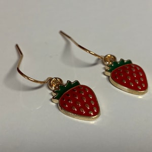 Mini Strawberry Gold Enamel Earrings
